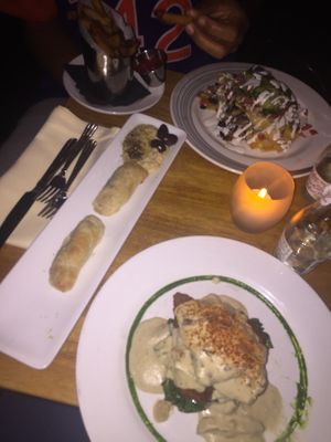 Burekas, nachos, and cordon bleu at Blossom Restaurant on Columbus in New York City