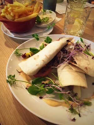 Black bean burrito with french fries at Waku Waku in Utrecht