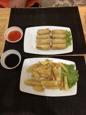 Hand cut fries and spring rolls! Delicious :)  at Sabay Vegilicious in Phnom Penh