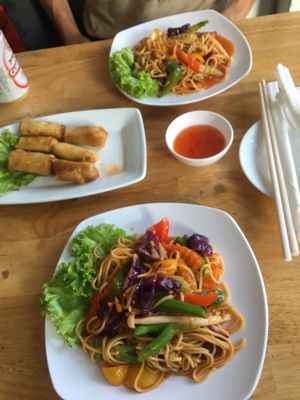 Singapore noodles with spring roles! AMAZING at Sabay Vegilicious in Phnom Penh