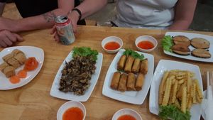Looking abit beige here but theres tofu, non beef, spring rolls, ''fish' & good old chips at Sabay Vegilicious in Phnom Penh