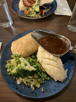 Vegan Wellington. Delicious gravy and mashed potatoes. Steamed veggies    at Darcy's in Belfast