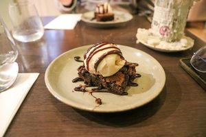 vegan brownie with ice-cream at Darcy's in Belfast