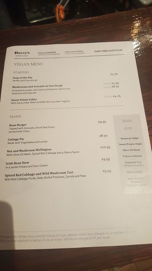 Vegan menu at Darcy's in Belfast
