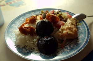 Rice, mock fish, mock meat, fried tofu, chillies, mushrooms, etc. at Southern Palace in East Singapore