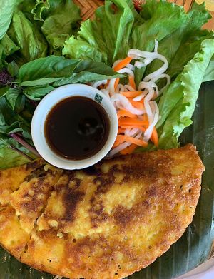 Vegan turmeric pancake with herbs at Anh and Chi in Vancouver
