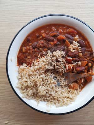 Lentil and bean chilli with rice at Rawdish in Luxembourg City