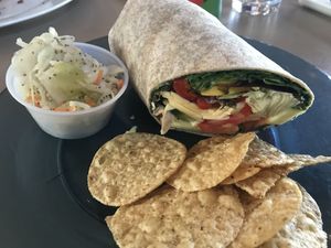 Veggie wrap w/ vegan cheese & vegan pesto 😋 at Sweet Basil's Cafe in Cannon Beach