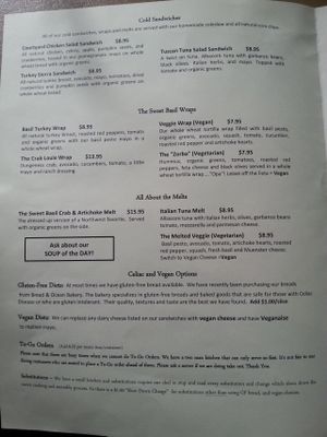 First page of the menu, from June 2014 at Sweet Basil's Cafe in Cannon Beach