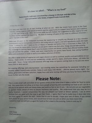 letter from the chef and owner, included in the menu at Sweet Basil's Cafe in Cannon Beach