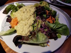 Vegan "egg" salad (tofu), lettuce, radish sprouts (yum!!!), carrots, cranberries, broccoli, edamame, snow peas... at Tibits - Seefeldstrasse in Zurich