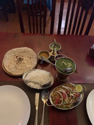 Chana Masala, Saag Aloo, Steamed Rice and Chapati bread - absolutely delicious! at Aroma in Tam Coc