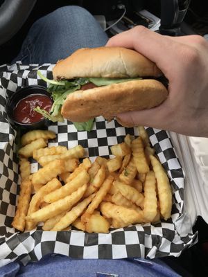 Vegan Fried Chicken Moozzarella Burger with Fries. at Da Munchies in Dallas