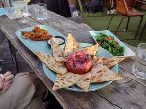 Left to right: mushroom buffalo wings; beetroot hummus + flatbread; tenderstem broccoli at Love Shack in East London