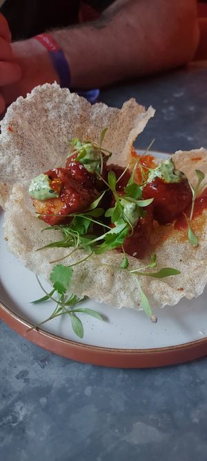 An amazing gcochiujung tofu starter at Love Shack in East London