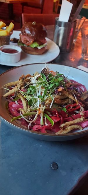 Asian pink noodles....enoki mushrooms where perfection at Love Shack in East London