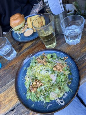 Vegan Orzo dish & vegan burger   at Love Shack in East London