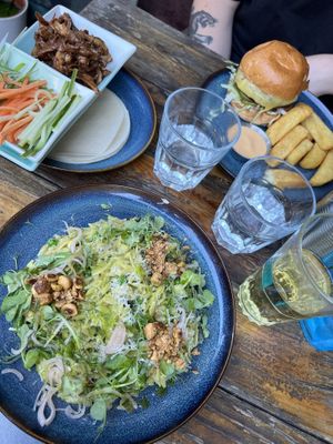 Vegan orzo dish, vegan burger & vegan duck pancakes   at Love Shack in East London