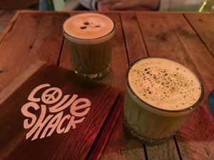 Matcha cocktail and espresso hotini   at Love Shack in East London