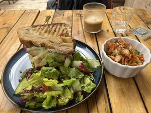 Tuna melt sandwich, kimchi, salad and latte (all vegan!)  at Love Shack in East London