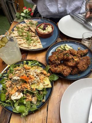 Blue cheese salad, honey mustard wings & pitta w hummuss  at Love Shack in East London