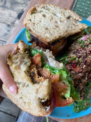 Club Cultured tempeh sarnie, DELICIOUS. Love the tempeh and all the flavours really complimented it. It was almost too big for me which is rare hahah. at Love Shack in East London