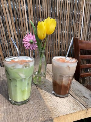 Matcha iced latte and cacao iced latte. Both delicious. Their cacao is really good quality and the guys know what they are talking about at Love Shack in East London