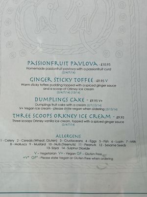 Dessert menu (v+ is vegan +v* is vegan option)   at Helgi's in Orkney Islands