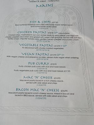 Menú mains (v+ is vegan +v* is vegan option)  at Helgi's in Orkney Islands