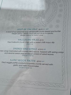 Starters menu (v+ is vegan +v* is vegan option)  at Helgi's in Orkney Islands