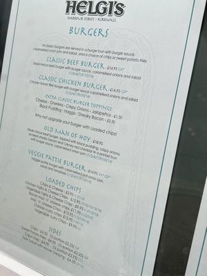 Menú: burgers, chips & sides (v+ is vegan +v* is vegan option)  at Helgi's in Orkney Islands