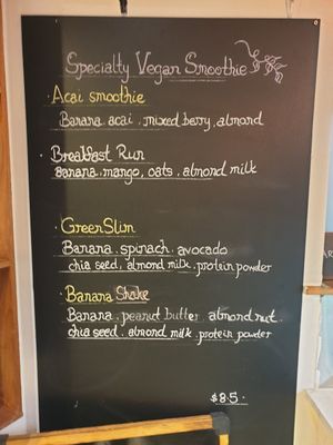 Large Vegan smoothie menu at Corner Coffee Co in Haymarket