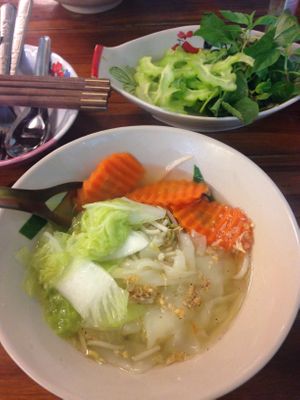 Vegan soup with wide rice noodles at Noodle Soup  in Ayutthaya