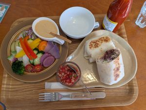 Vegetarian Burrito with Salsa and Salad at Green's Baby in Matsue