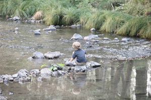 My kids by the river at Mandala Springs Retreat in Cobb