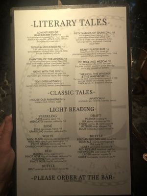 Book themed drinks menu  at Library Bar in Los Angeles