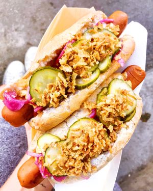 Danish sausage with bread  at Plantepølsen in Copenhagen