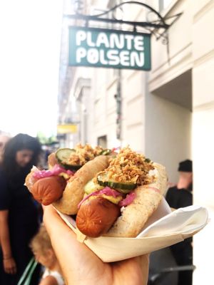Delish gourmet hotdogs  at Plantepølsen in Copenhagen