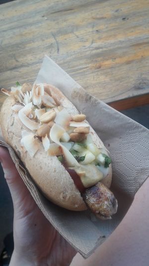 Tropical hotdog at Plantepølsen in Copenhagen