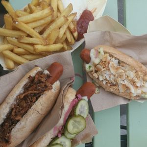 hotdog and fries at Plantepølsen in Copenhagen
