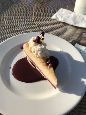 Raspberry and frangipane tart with almond cream  at The Old Granary in Wareham