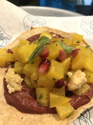 Chickpea & beet tostada  at Rosalinda in Toronto