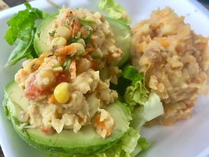 "Tuno" salad stuffed avocados with mashed "viandas" and salad. at Frescura PR in Catano