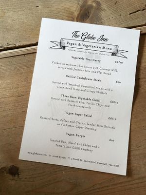 Vegan & Vegetarian Menu at The Globe Inn in Lostwithiel