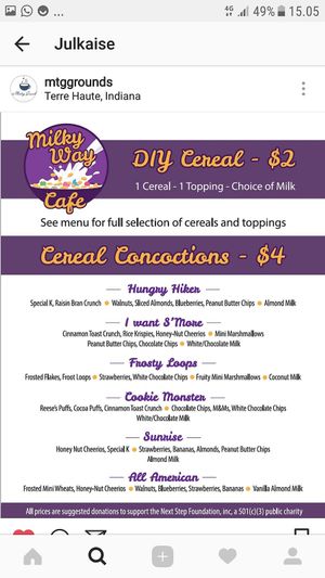 menu at Milky Way Cafe at The Meeting Grounds in Terre Haute