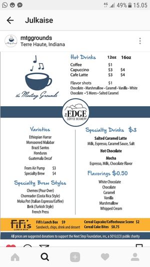 menu at Milky Way Cafe at The Meeting Grounds in Terre Haute