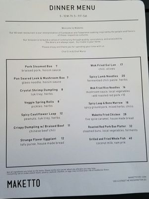 menu at Maketto in Washington