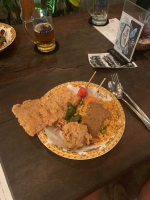 fritters, tempe sate, rice, peanut sauce at LOKA in Kuta
