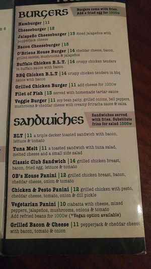 Veggie Panini - ask for no cheese or cream
Veggie Burger - Bread is not vegan but a tortilla can be used instead at O'Briens in Changwon