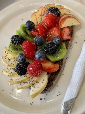 Amlou & fruits on toast   at Let's Be in Tamraght